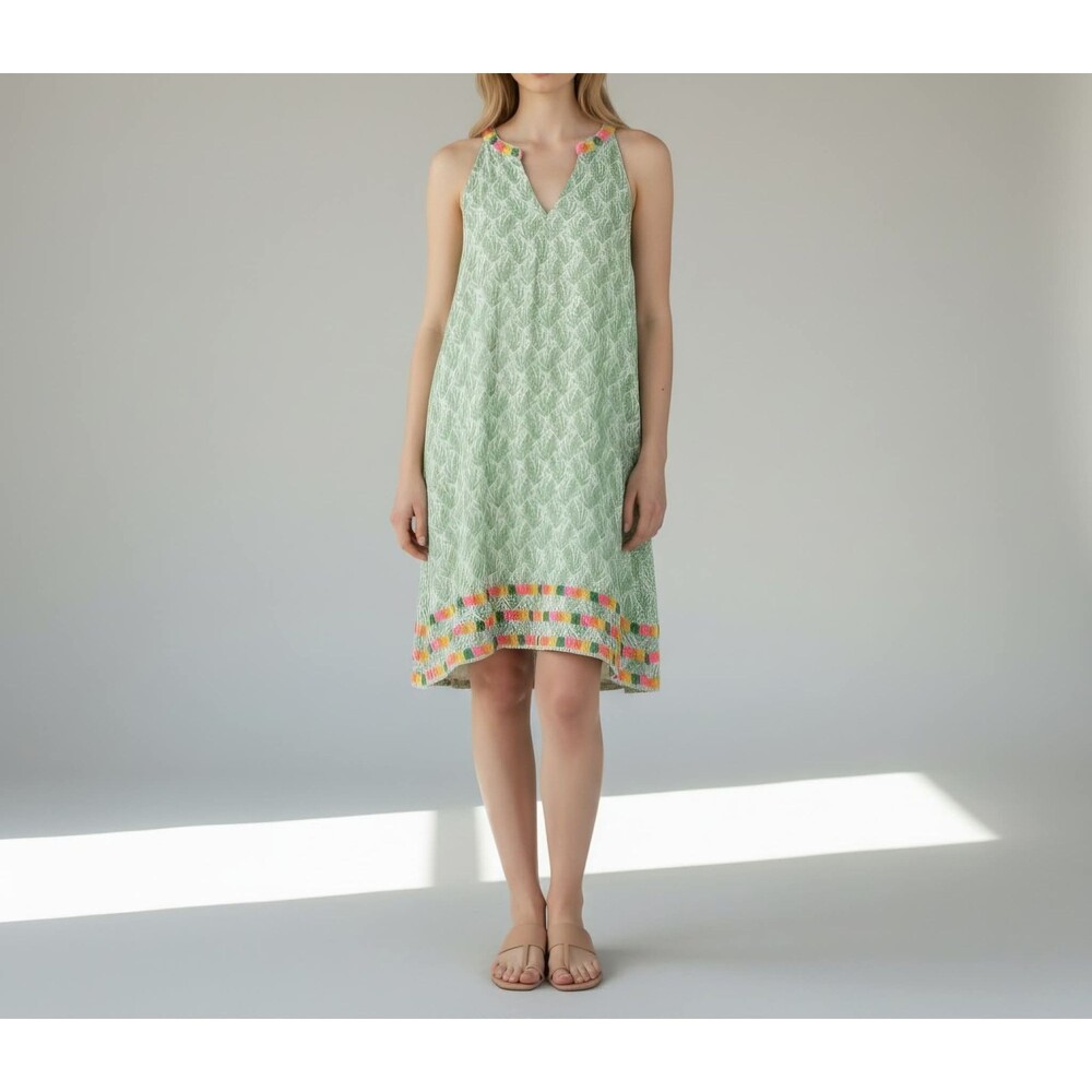 Anthropologie THML Neon Trim Green Leaf Vine Print Shift Summer Vacation Dress